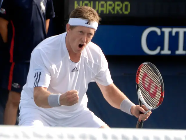 In this image we can see two persons, a person is holding a tennis racket and there is a white...