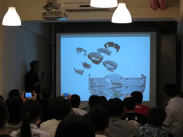 In this image we can see a projector, screen, lights, air conditioner and people.