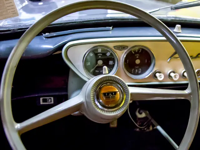 In this image I can see steering of a vehicle. I can also see speedometer and few other things.