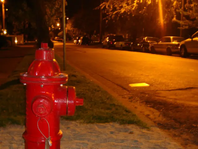 In this image there is a fire hydrant on the road, beside that there are some cars and trees.